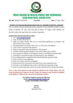 Misau College Of Health Tech notice of online registration for fresh students, 2024/2025