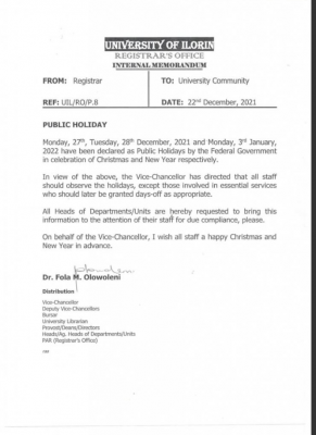 UNILORIN notice on Public Holidays