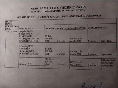 NUBAPOLY announces resumption date for lectures and examination