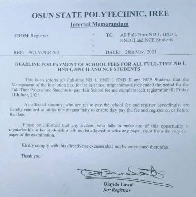 OSPOLY school fees payment deadline for ND I HND 1, HND II and NCE Students