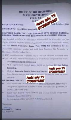 Auchi Poly HND entrance examination date and requirements, 2022/2023