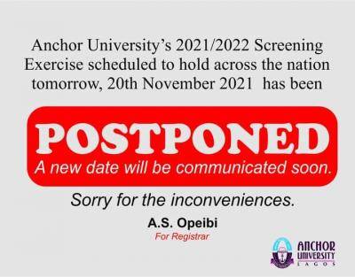 Anchor University postpones Post-UTME screening exercise, 2021/2022