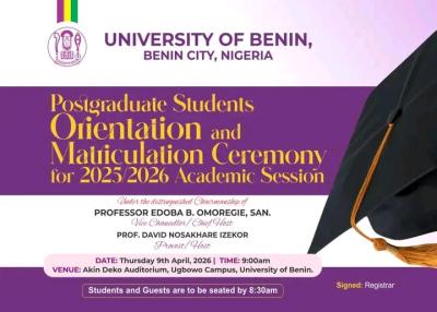 UNIBEN Postgraduate orientation and matriculation, 2025/2026