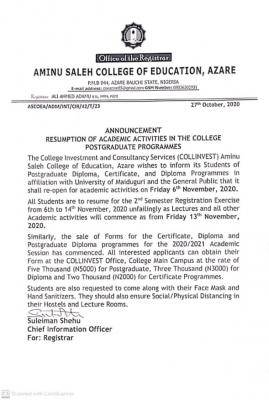 Aminu Saleh COE Announces Resumption Date For Postgraduate, Certificate and Diploma Programmes