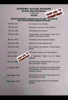 Auchi Poly adjusted academic calendar for first semester, 2021/2022