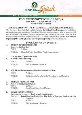 Kogi State Poly 4th combined convocation ceremonies schedule of programmes