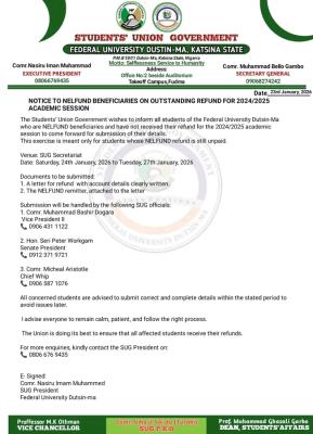 FUDMA SUG notice to NELFUND beneficiaries, 2024/2025
