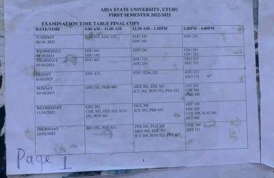 ABSU 1st semester final examination timetable, 2022/2023