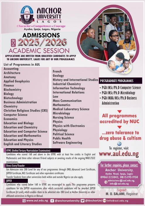 Anchor University Post-UTME/DE 2025: Eligibility and Registration details