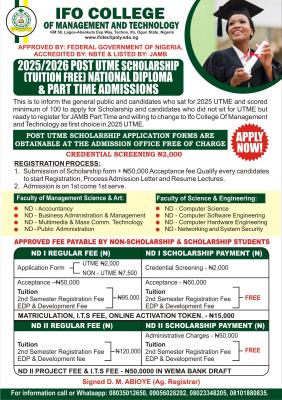 Ifo College of Management and Technology Admissions, 2025/2026