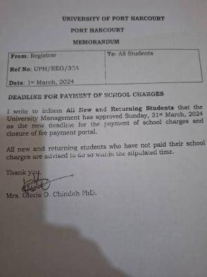 UNIPORT Deadline for the Payment of School Fees charges, 2023/2024