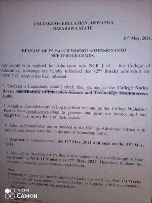 College of Education, Akwanga 2nd Batch admission list, 2020/2021