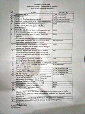 UNICAL approved faculty/departmental charges, 2020/2021