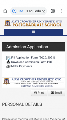 ACU postgraduate admission form for 2020/2021 session