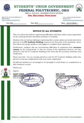 OKOPOLY SUG notice to students with course registration difficulties