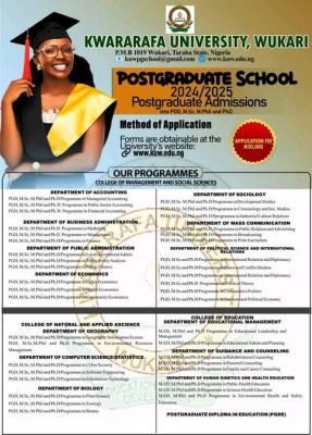 Kwararafa University Wukari Postgraduate Admission for 2024/2025 session