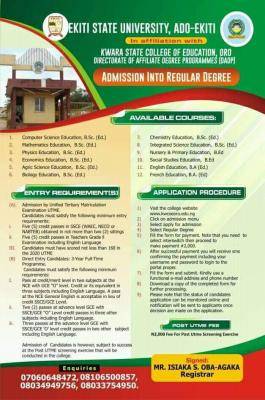 Kwara State College of Education, Oro degree admission, 2021/2022