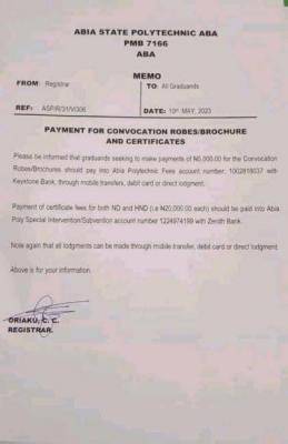 Abia Poly notice to 2023 graduands on payment of convocation Robes/Brochures and Certificates