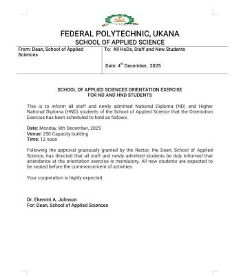 Federal Polytechnic, Ukana and orientation for ND and HND students