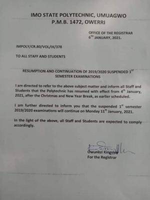 IMOPOLY notice on resumption and continuation of suspended 1st semester exam, 2019/2020