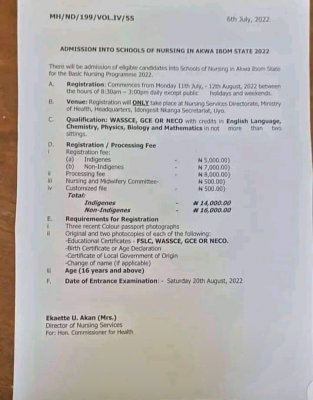 Akwa-Ibom State School of Nursing admission form, 2022