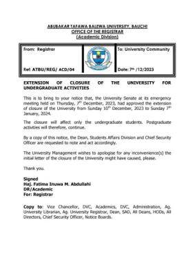 ATBU notice on extension of closure of university for undergraduate activities