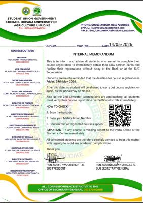 MOUAU SUG notice on course registration deadline for 2nd semester, 2026/2027