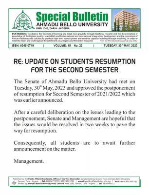 ABU postpones second semester resumption, 2021/2022