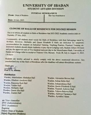 UI notice on closure of halls of residence for 2023/2024 session
