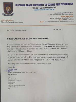 OAUSTECH notice to all students
