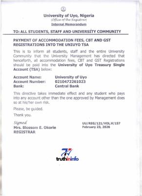 UNIUYO notice on payment of accommodation, CBT, GST fees into the TSA account