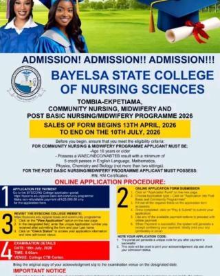 Bayelsa State College of Nursing Sci. admissions in Community Nursing, Midwifery & Post-Basic Nursing, 2026