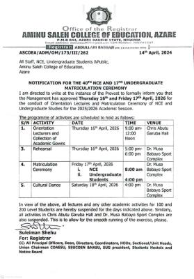 Aminu Saleh College of Education fixes dates for Matriculation Ceremony, 2025/2026