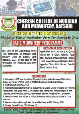 Cherish college of nursing and midwifery admission form, 2020/2021 session