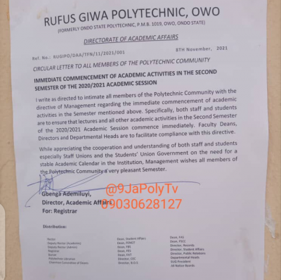 Rufus Giwa Poly notice on commencement of academic activities for 2nd semester, 2020/2021