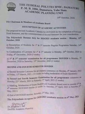 Federal Polytechnic Damaturu revised calendar for 2019/2020 academic session