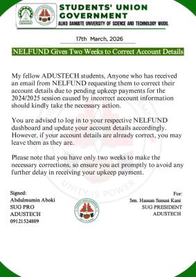 ADUSTECH notice to students on correction of NELFUND account details