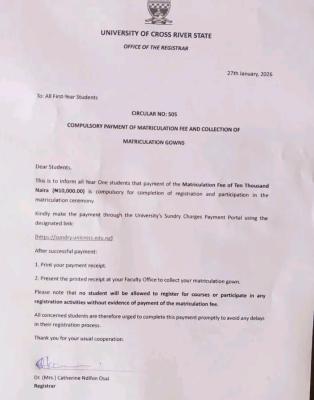 UNICROSS notice to new students on the compulsory payment of the matriculation fee