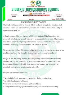 Sa'adu Zungur University SRC issues urgent security notice to students