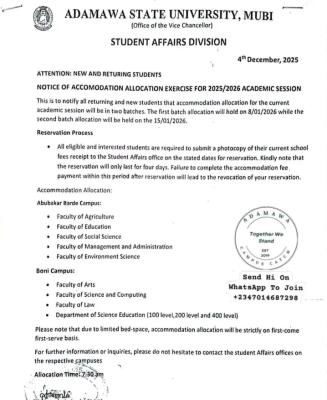 ADSU announces accommodation allocation for 2025/2026 session