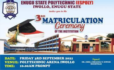Enugu Polytechnic invites the public to its 3rd matriculation ceremony