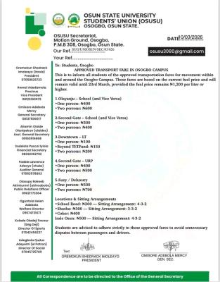 UNIOSUN SUG announces updated Transport Fares in Osogbo Campus