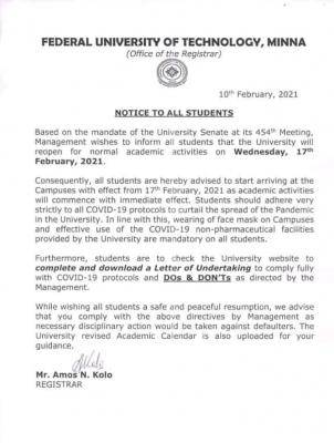 FUTMINNA resumption notice to students