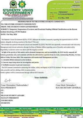 FUTO SUG suspends all academic activities for one week