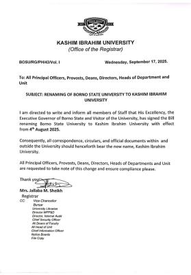 Borno State University has been renamed to Kashim Ibrahim University