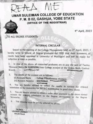 Umar Suleiman College of Education notice to all degree students