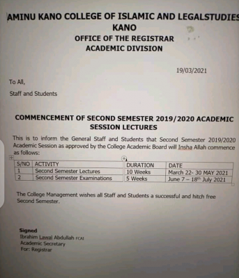 Aminu Kano College of Islamic and Legal Studies 2nd semester resumption, 2019/2020