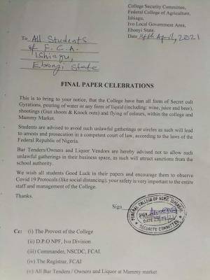 Federal College of Agriculture, Ishiagu bans final papers' celebration