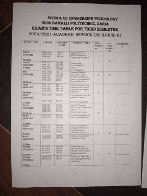 NUBAPOLY 3rd semester examination timetable, 2020/2021