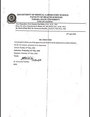 TASU Medical Laboratory Department notice on induction Ceremony